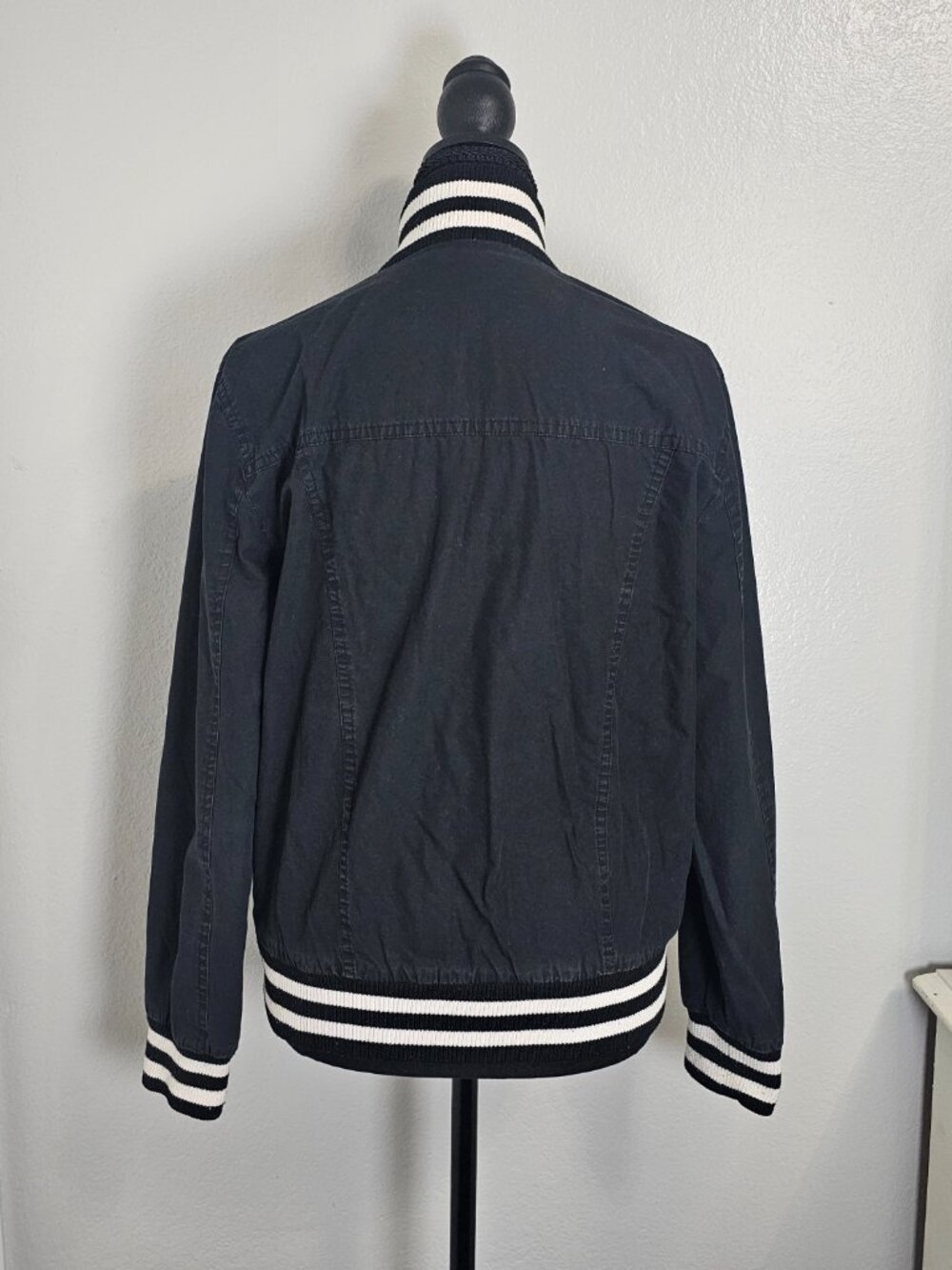 Rusty Lopez Luxe Bomber Black Denim Jacket Striped Trim - Size XL Fits Medium - Picture 3 of 6